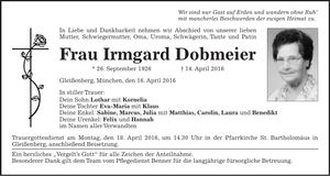 Traueranzeige Irmgard Dobmeier