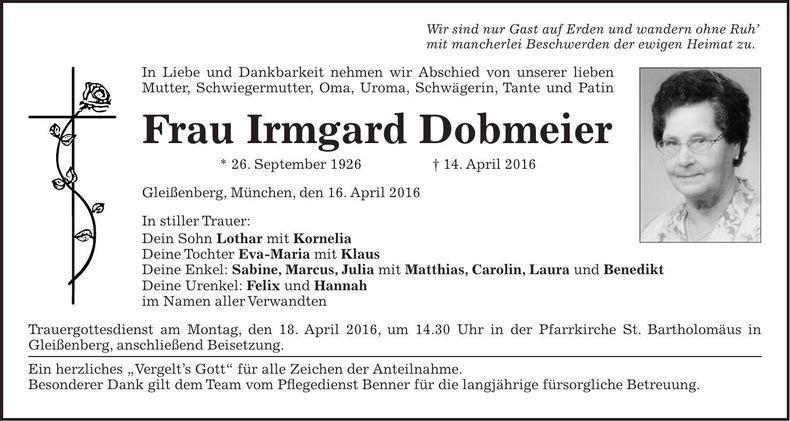 Traueranzeige Irmgard Dobmeier