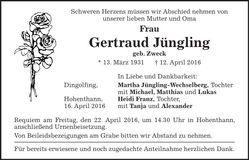 Traueranzeige Gertraud Jüngling