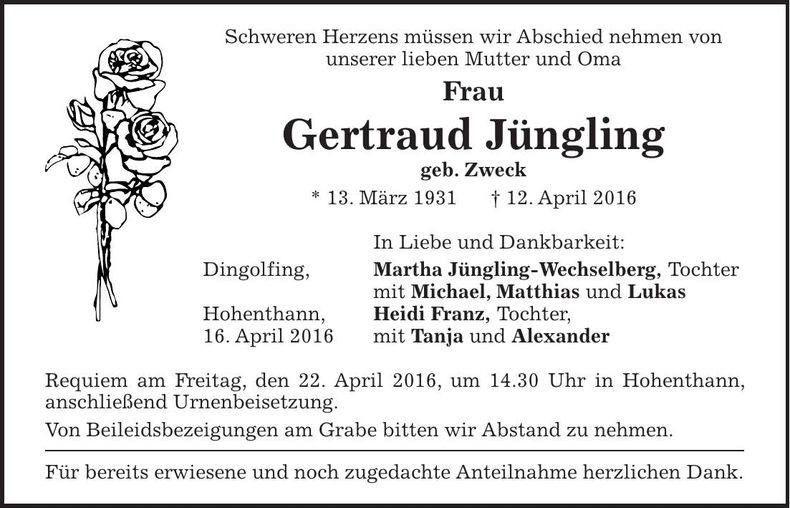 Traueranzeige Gertraud Jüngling