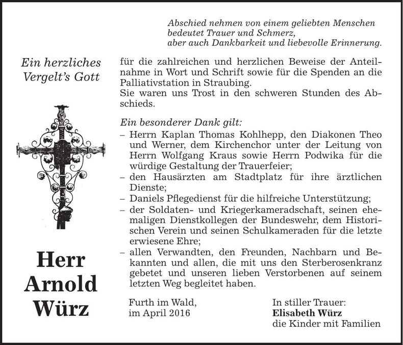 Traueranzeige Arnold Würz