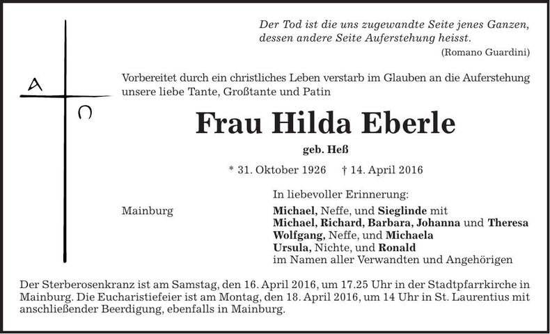 Traueranzeige Hilda Eberle