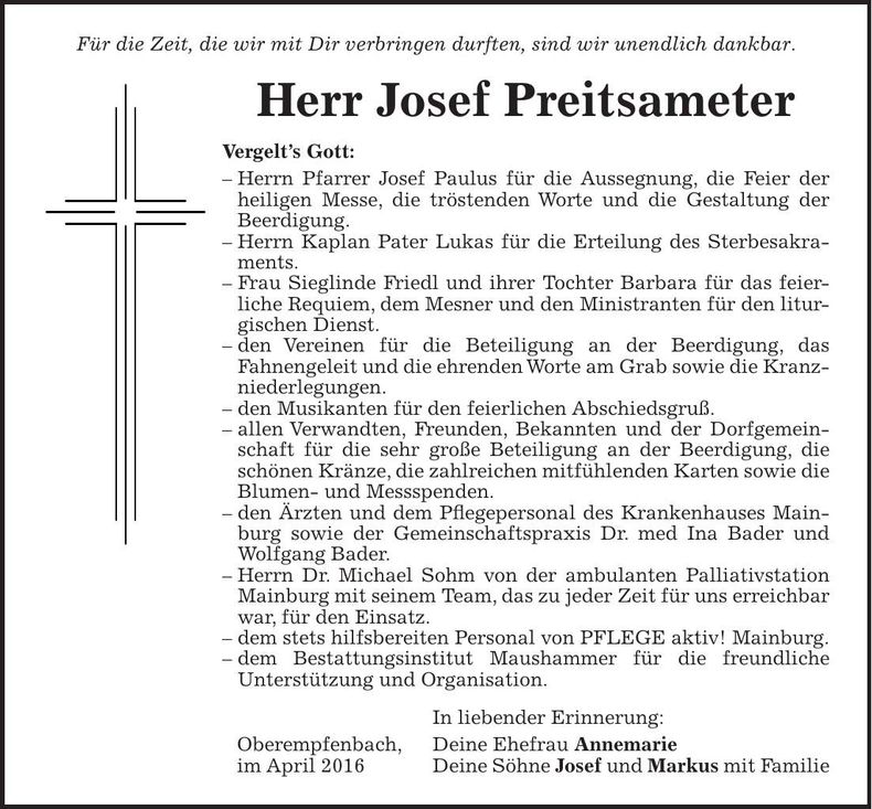 Traueranzeige Josef Preitsameter