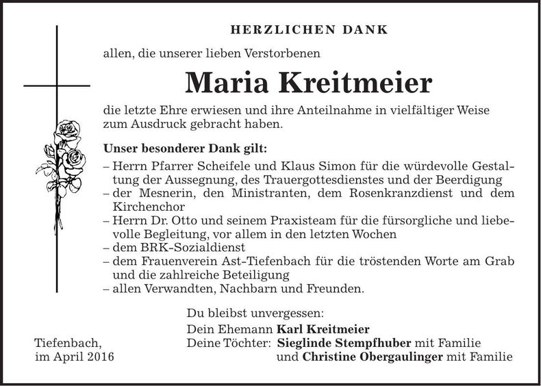 Traueranzeige Maria Kreitmeier
