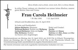 Traueranzeige Carola Heilmeier