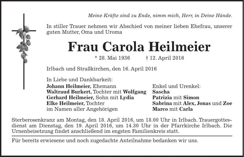 Traueranzeige Carola Heilmeier