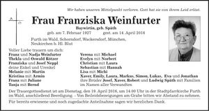Traueranzeige Franziska Weinfurter