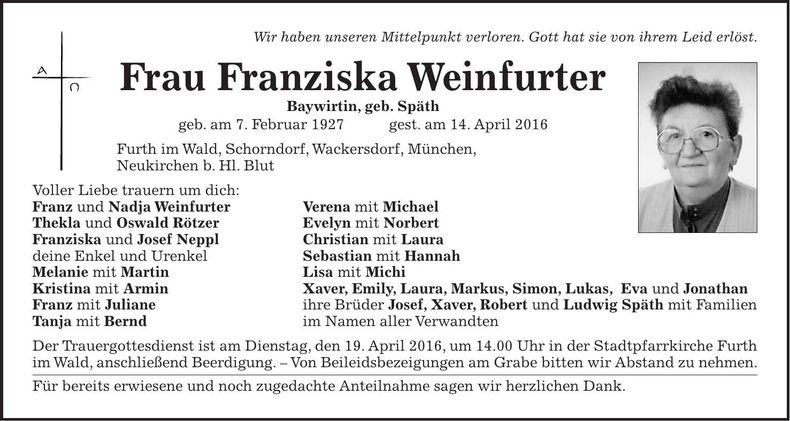 Traueranzeige Franziska Weinfurter