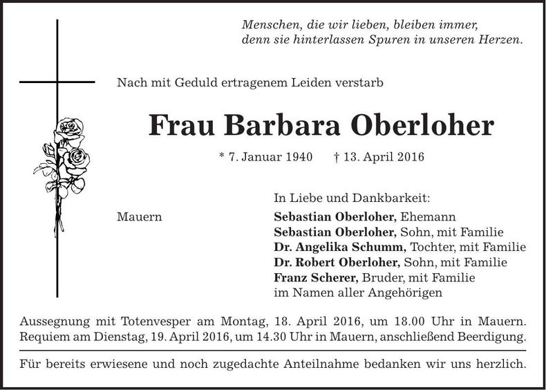 Traueranzeige Barbara Oberloher