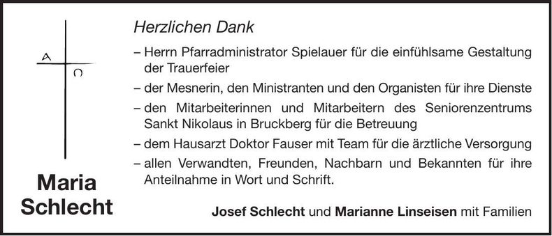 Traueranzeige Maria Schlecht