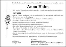 Traueranzeige Anna Hahn