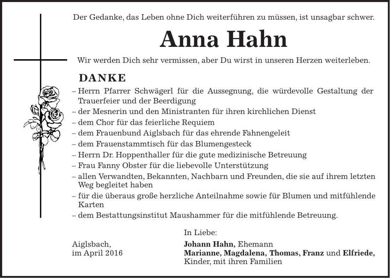 Traueranzeige Anna Hahn