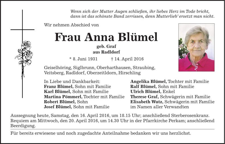 Traueranzeige Anna Blümel