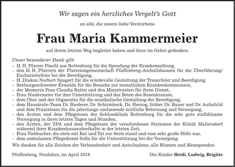 Traueranzeige Maria Kammermeier