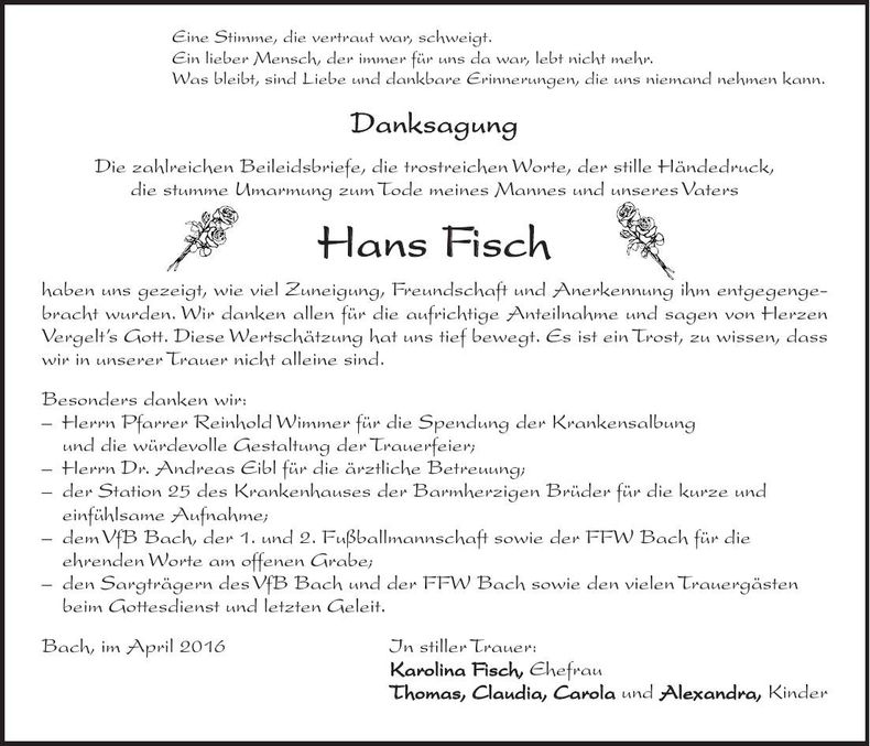 Traueranzeige Hans Fisch
