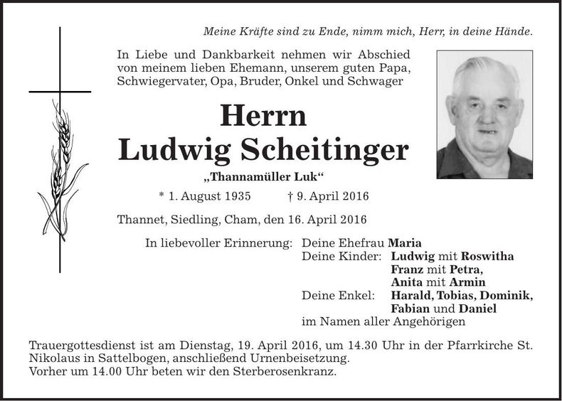 Traueranzeige Ludwig Scheitinger