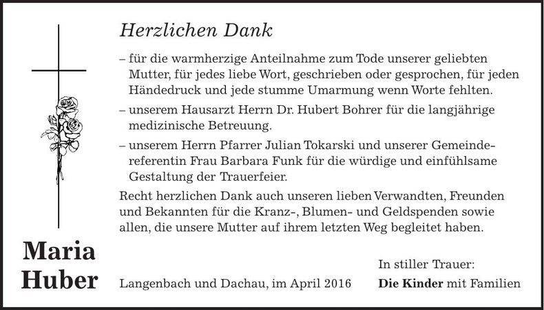Traueranzeige Maria Huber