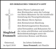 Traueranzeige Siegfried Frommelt