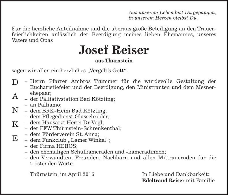 Traueranzeige Josef Reiser