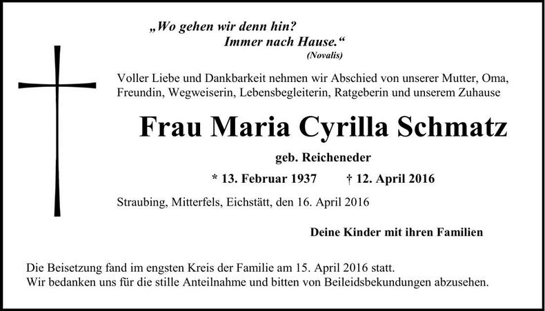 Traueranzeige Maria Cyrilla Schmatz
