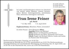 Traueranzeige Irene Feiner
