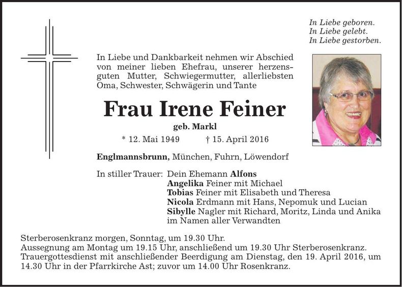 Traueranzeige Irene Feiner