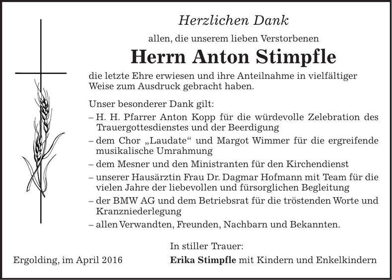 Traueranzeige Anton Stimpfle