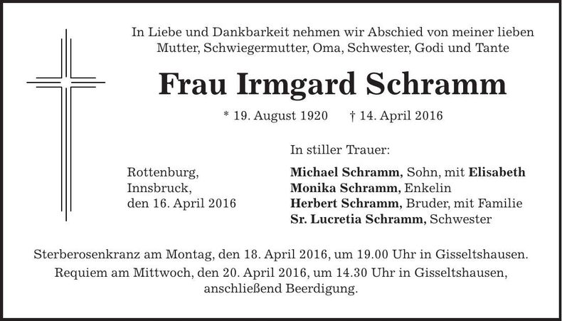 Traueranzeige Irmgard Schramm
