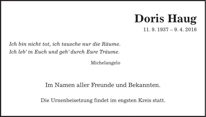 Traueranzeige Doris Haug