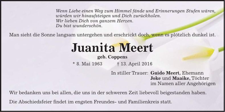 Traueranzeige Juanita Meert