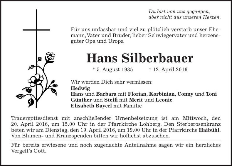 Traueranzeige Hans Silberbauer