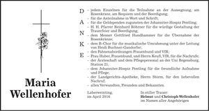 Traueranzeige Maria Wellenhofer