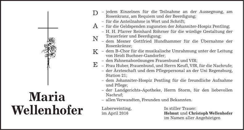 Traueranzeige Maria Wellenhofer