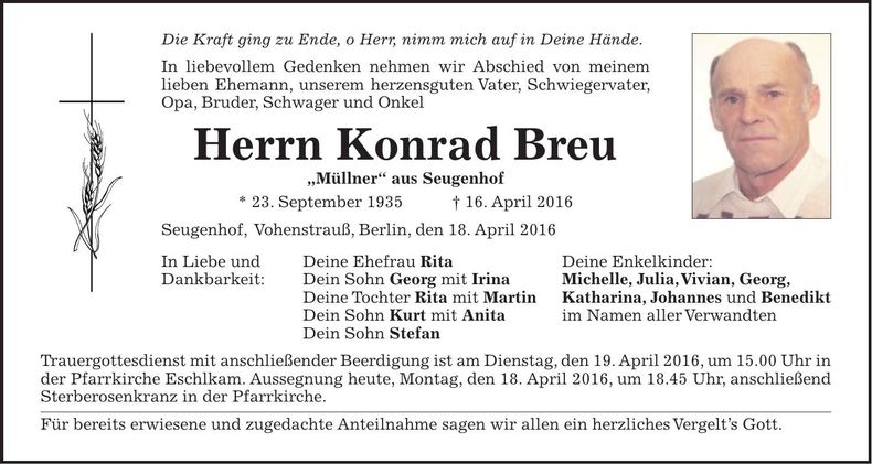 Traueranzeige Konrad Breu