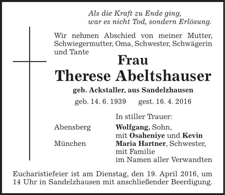 Traueranzeige Therese Abeltshauser