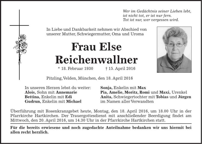 Traueranzeige Else Reichenwallner