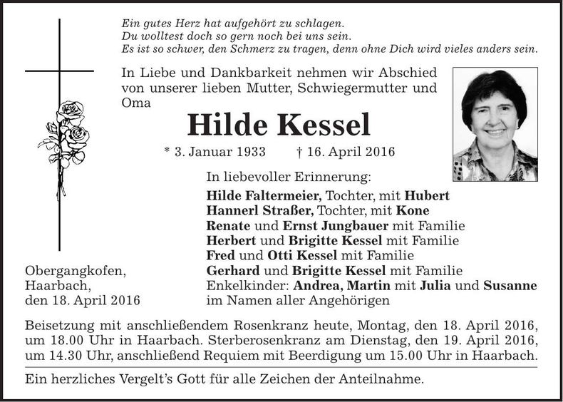 Traueranzeige Hilde Kessel