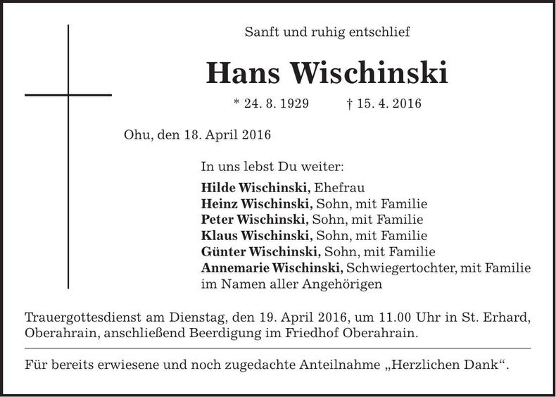 Traueranzeige Hans Wischinski