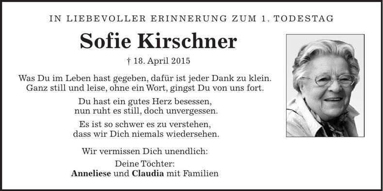 Traueranzeige Sofie Kirschner