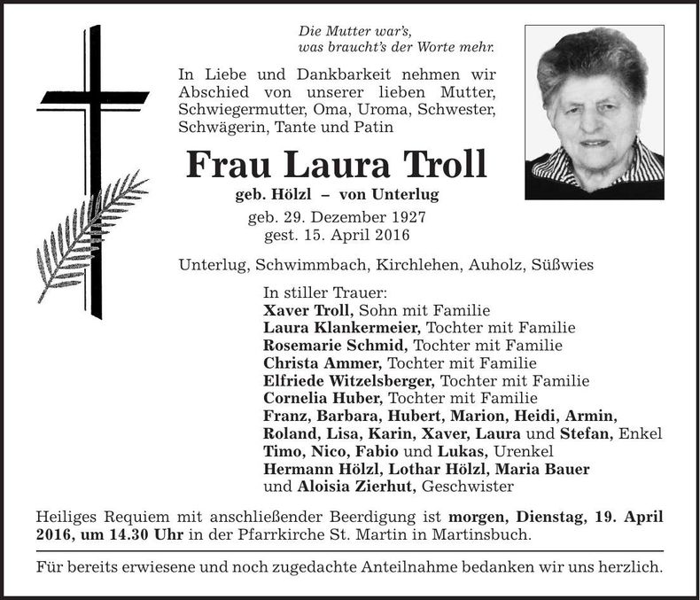 Traueranzeige Laura Troll