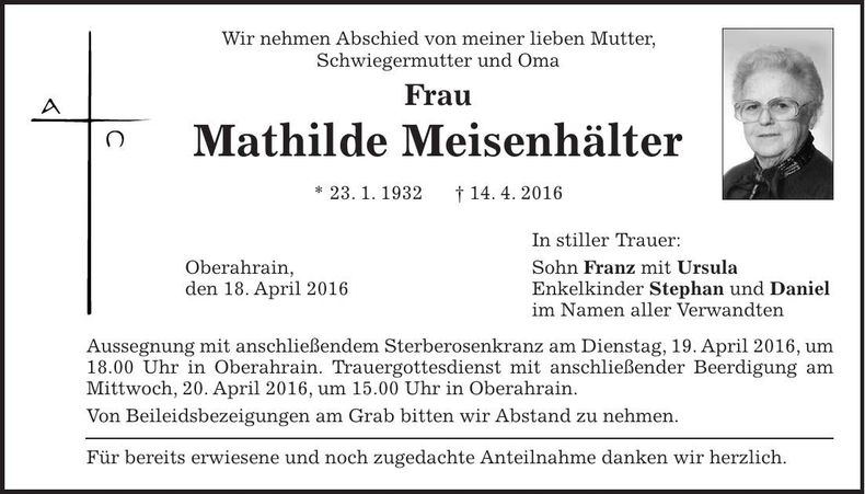 Traueranzeige Mathilde Meisenhälter