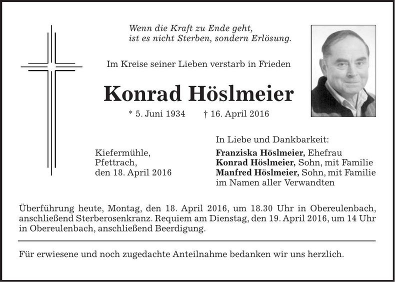 Traueranzeige Konrad Höslmeier