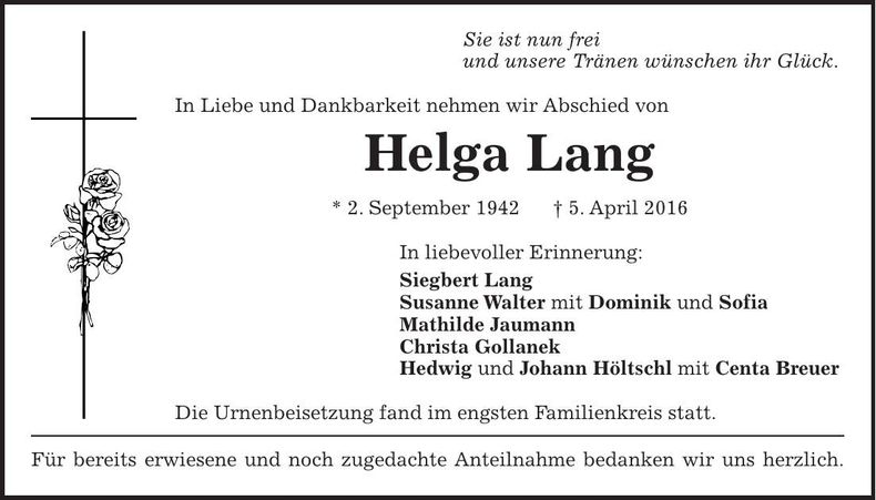 Traueranzeige Helga Lang