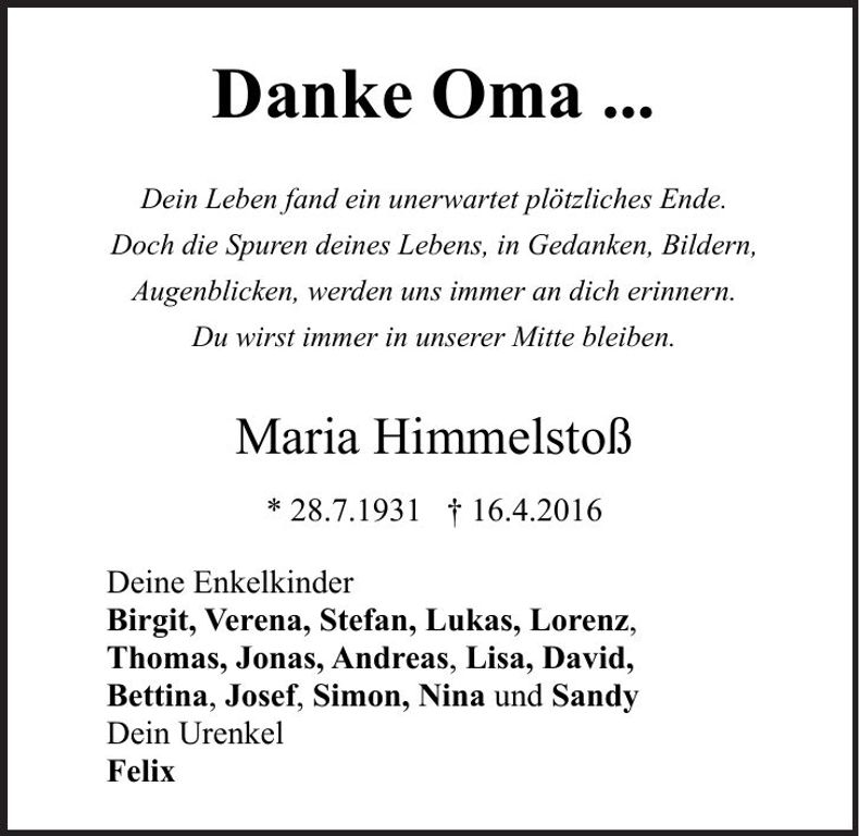 Traueranzeige Maria Himmelstoß