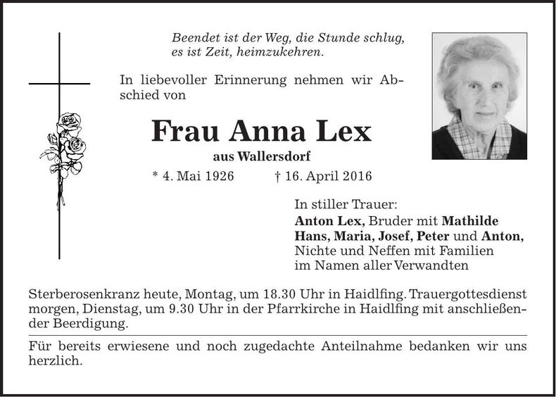 Traueranzeige Anna Lex