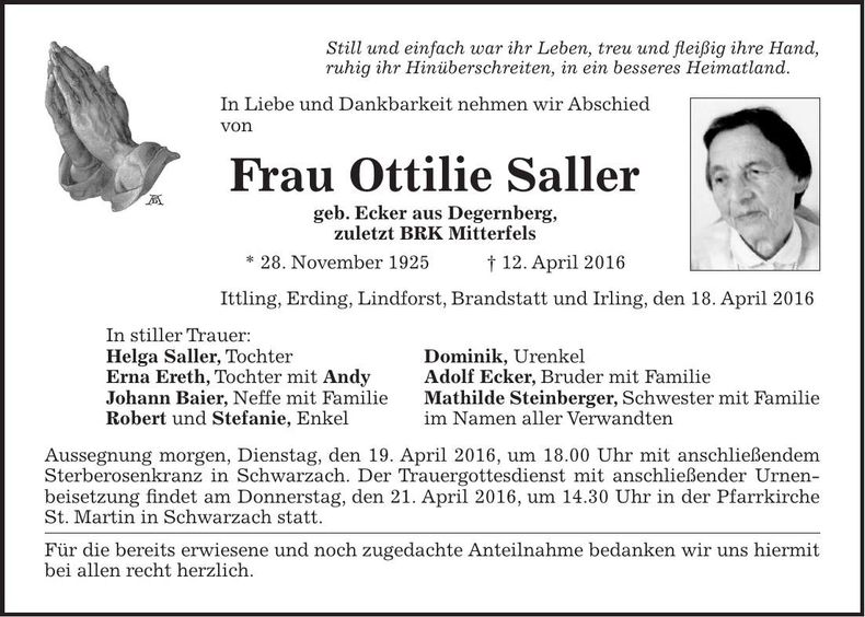 Traueranzeige Ottilie Saller