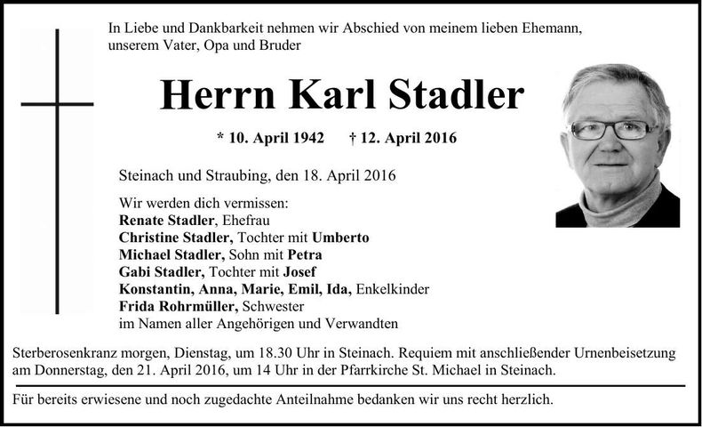 Traueranzeige Karl Stadler
