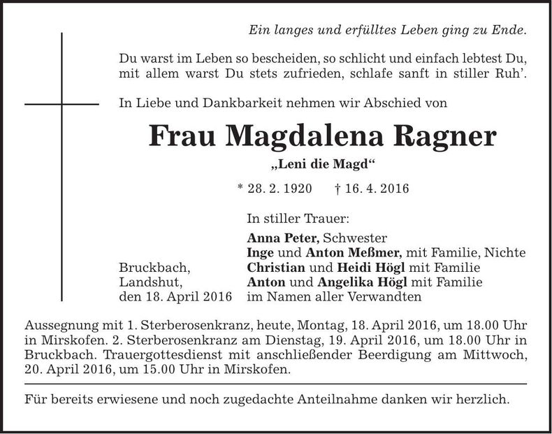 Traueranzeige Magdalena Ragner