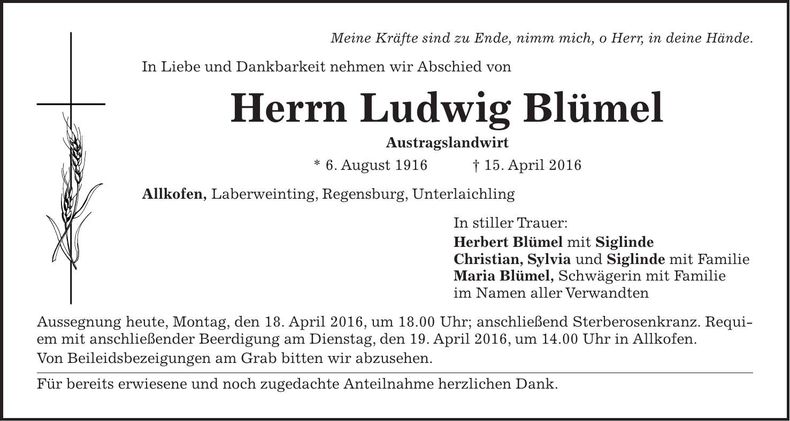 Traueranzeige Ludwig Blümel