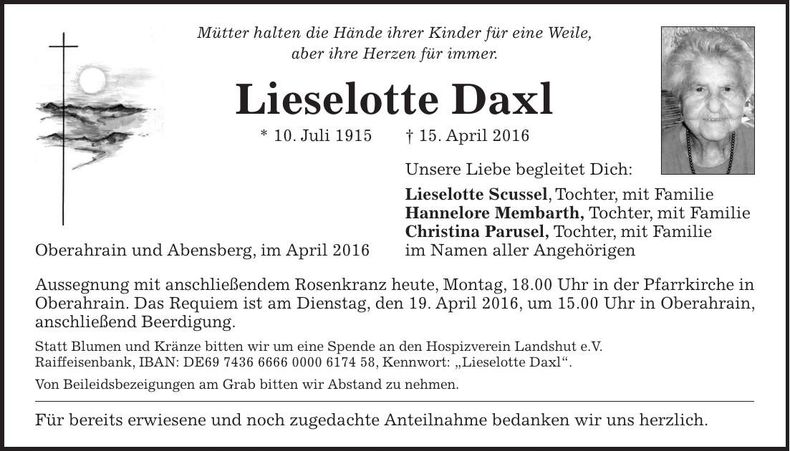 Traueranzeige Lieselotte Daxl